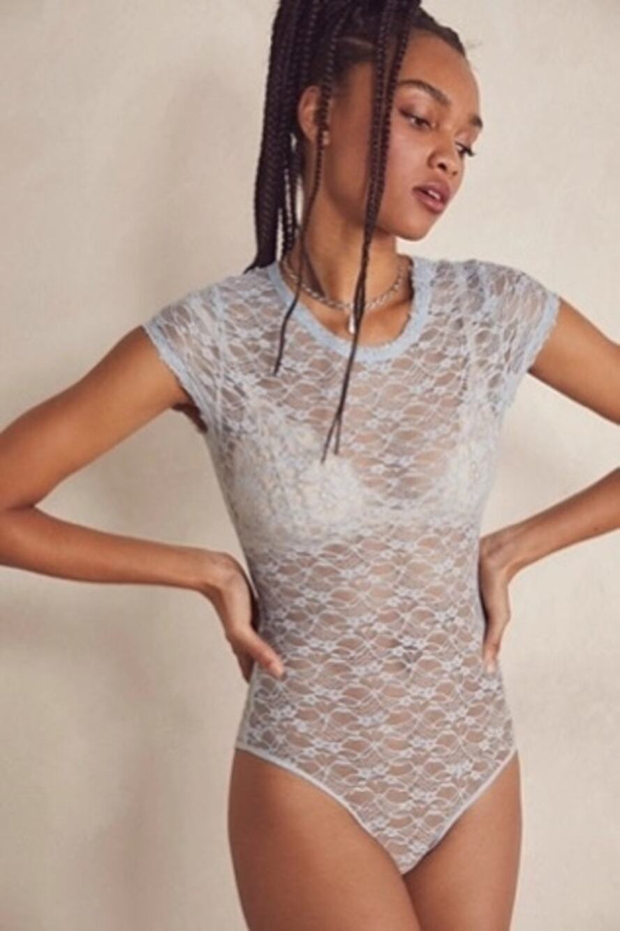 Free People Intimately Boardwalk Blue Pucker Up Lace Cap Sl Bodysuit XL Like New